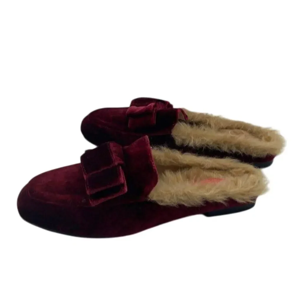 Catherine Malandrino Velvet Faux Fur Bow Mules Wine Sz 9